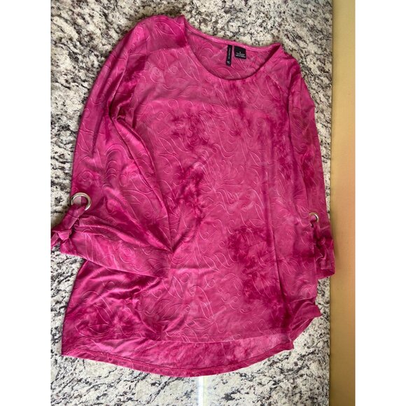 New Direction Women Small Blouse Pink Embroidered Swirl Rolled Sleeve Barbiecore - Picture 4 of 8